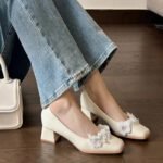 French thick heel shallow mouth shoes for women 2025