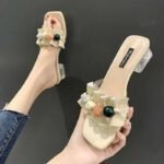 2025 Spring and Summer Outerwear Pleated Beaded Mid-Heel Sandals - Image 3
